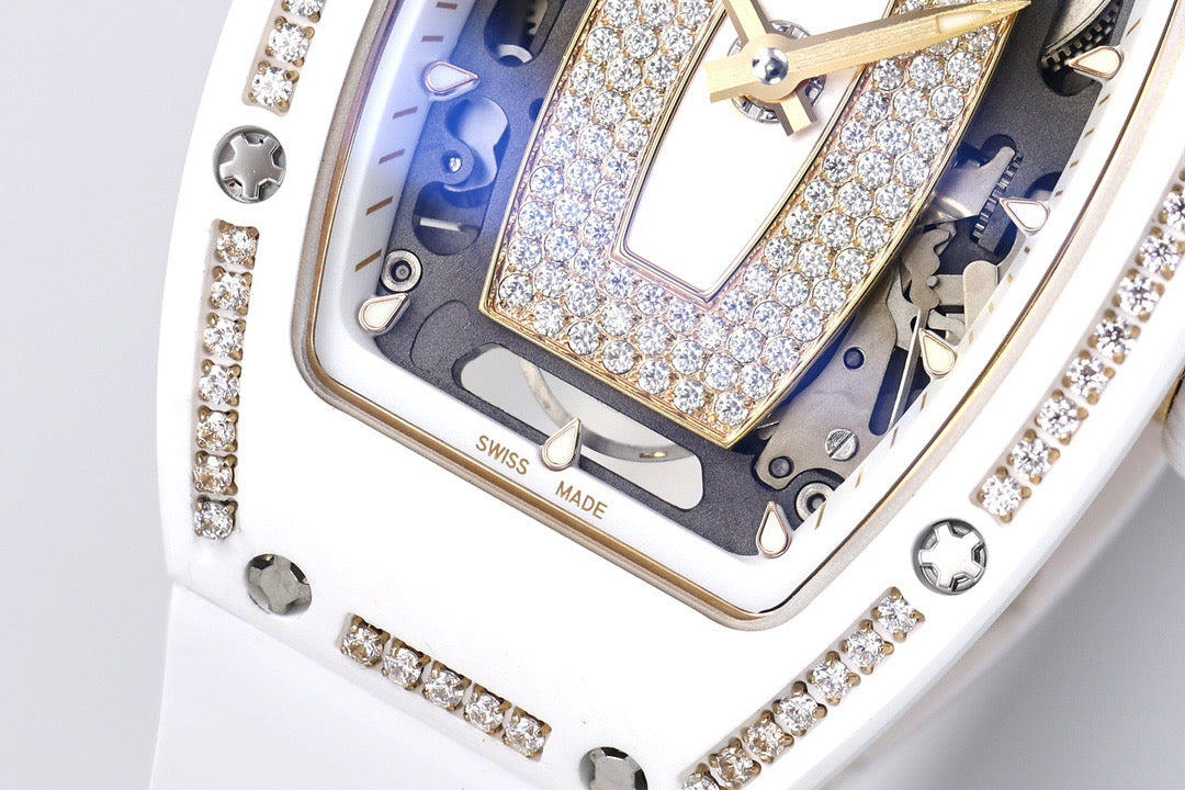 Diamond Skeleton Dial White Ceramic Style Rubber Strap Watch