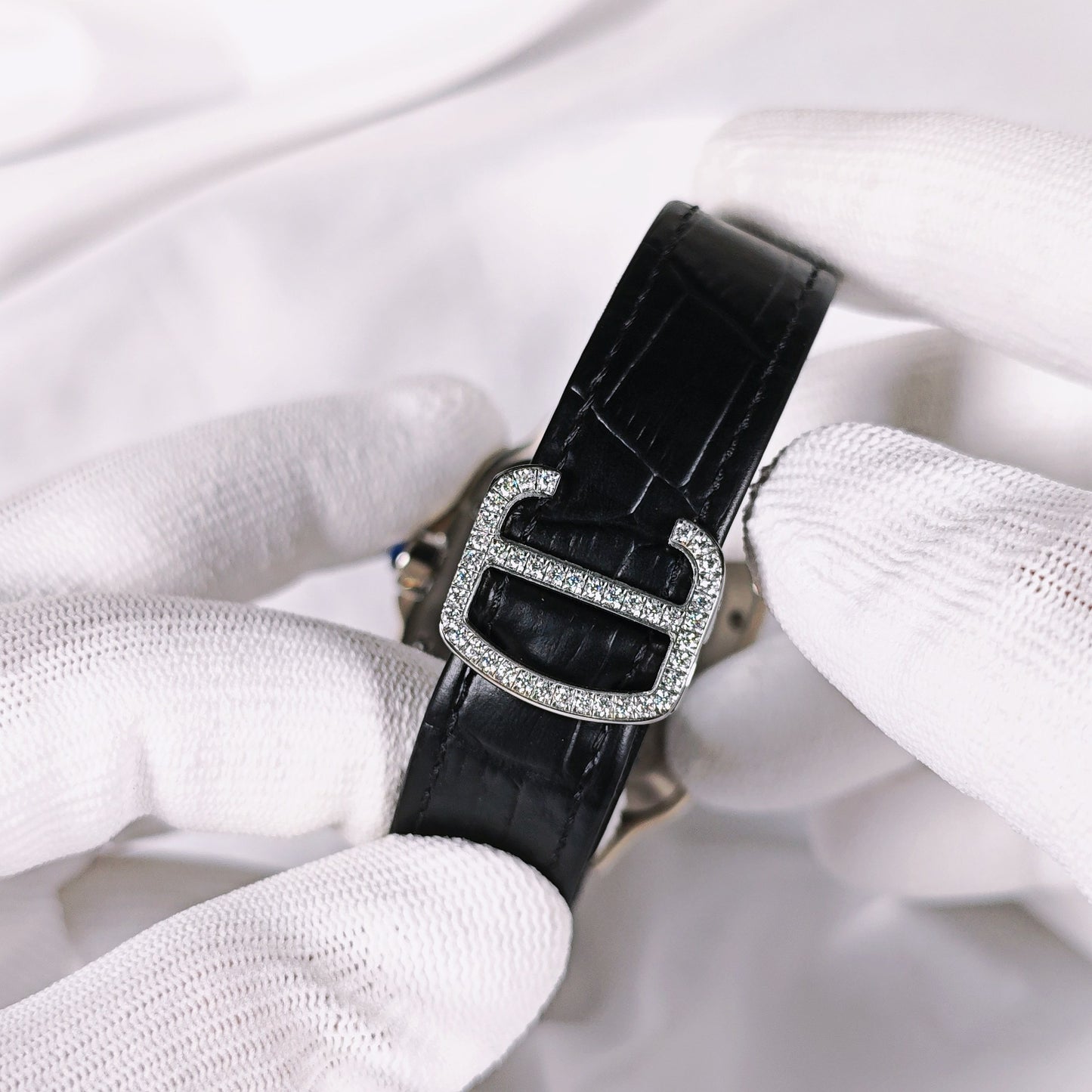 Santos Diamond Pavé Dial Leather Strap Watch