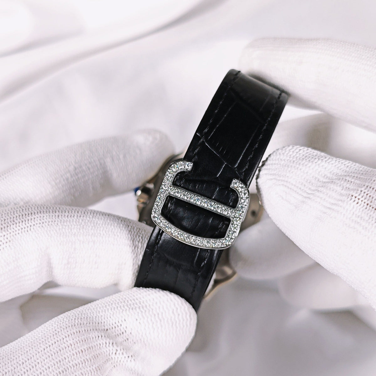 Santos Diamond Pavé Dial Leather Strap Watch