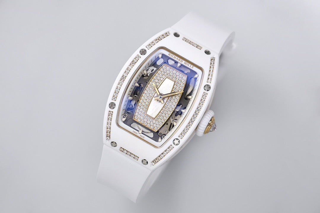 Diamond Skeleton Dial White Ceramic Style Rubber Strap Watch