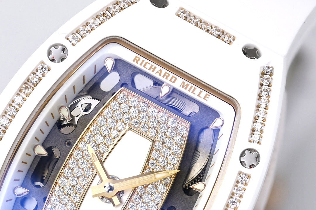 Diamond Skeleton Dial White Ceramic Style Rubber Strap Watch