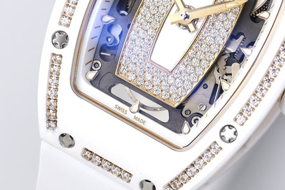 Diamond Skeleton Dial White Ceramic Style Rubber Strap Watch