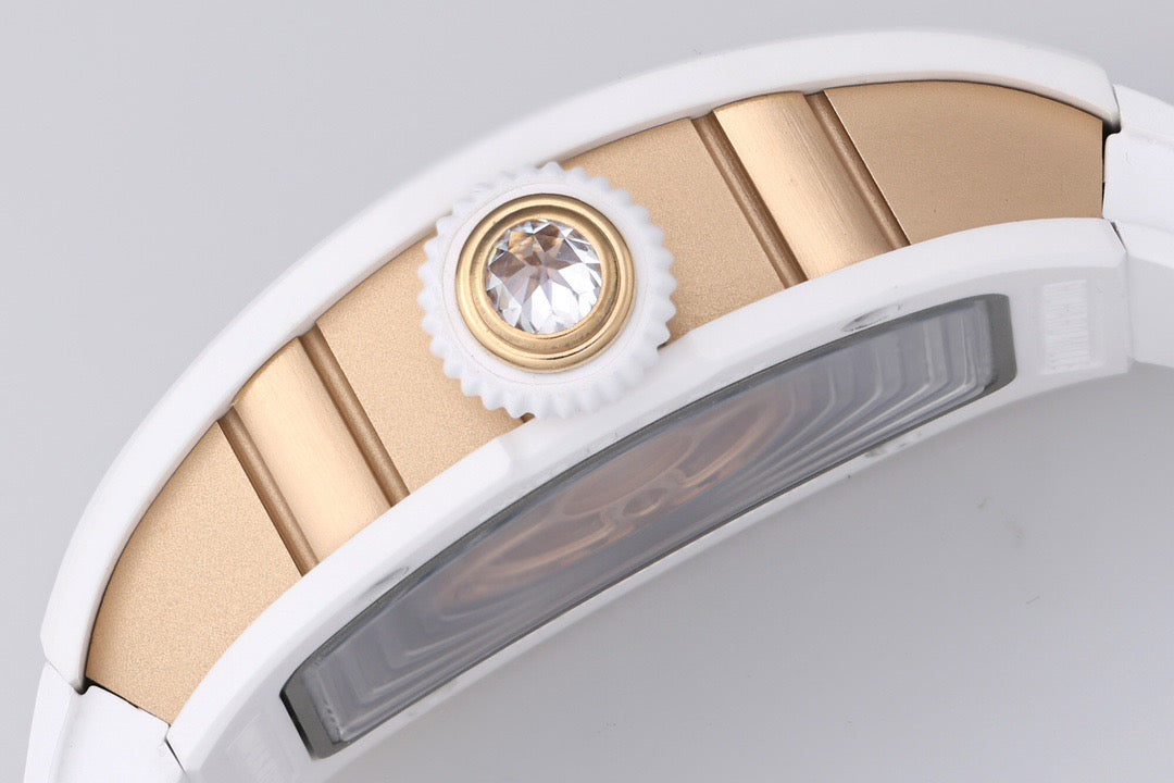 Diamond Skeleton Dial White Ceramic Style Rubber Strap Watch