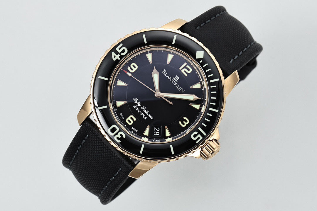 Fifty Fathoms Black Dial Gold Case Canvas Strap Watch