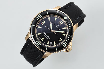 Fifty Fathoms Black Dial Gold Case Canvas Strap Watch