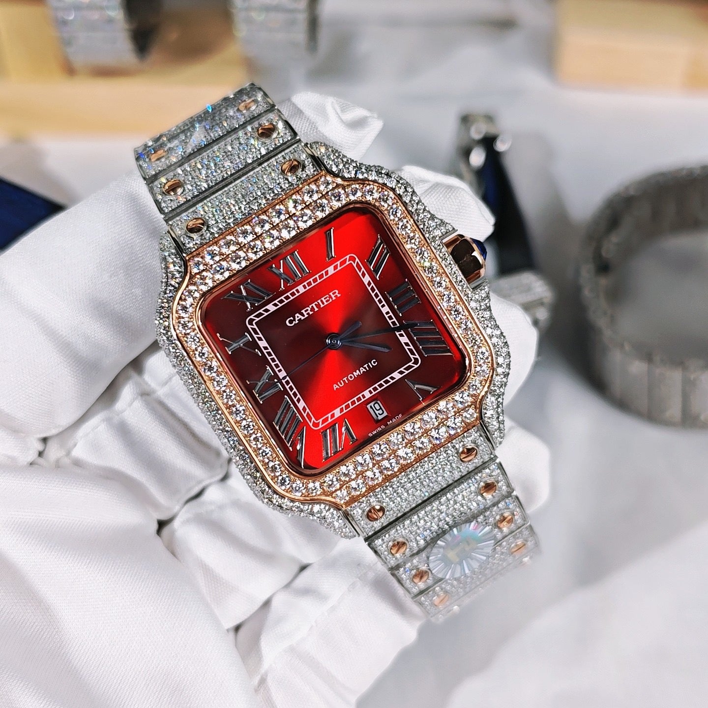 Santos Blue Dial Diamond Automatic Watch