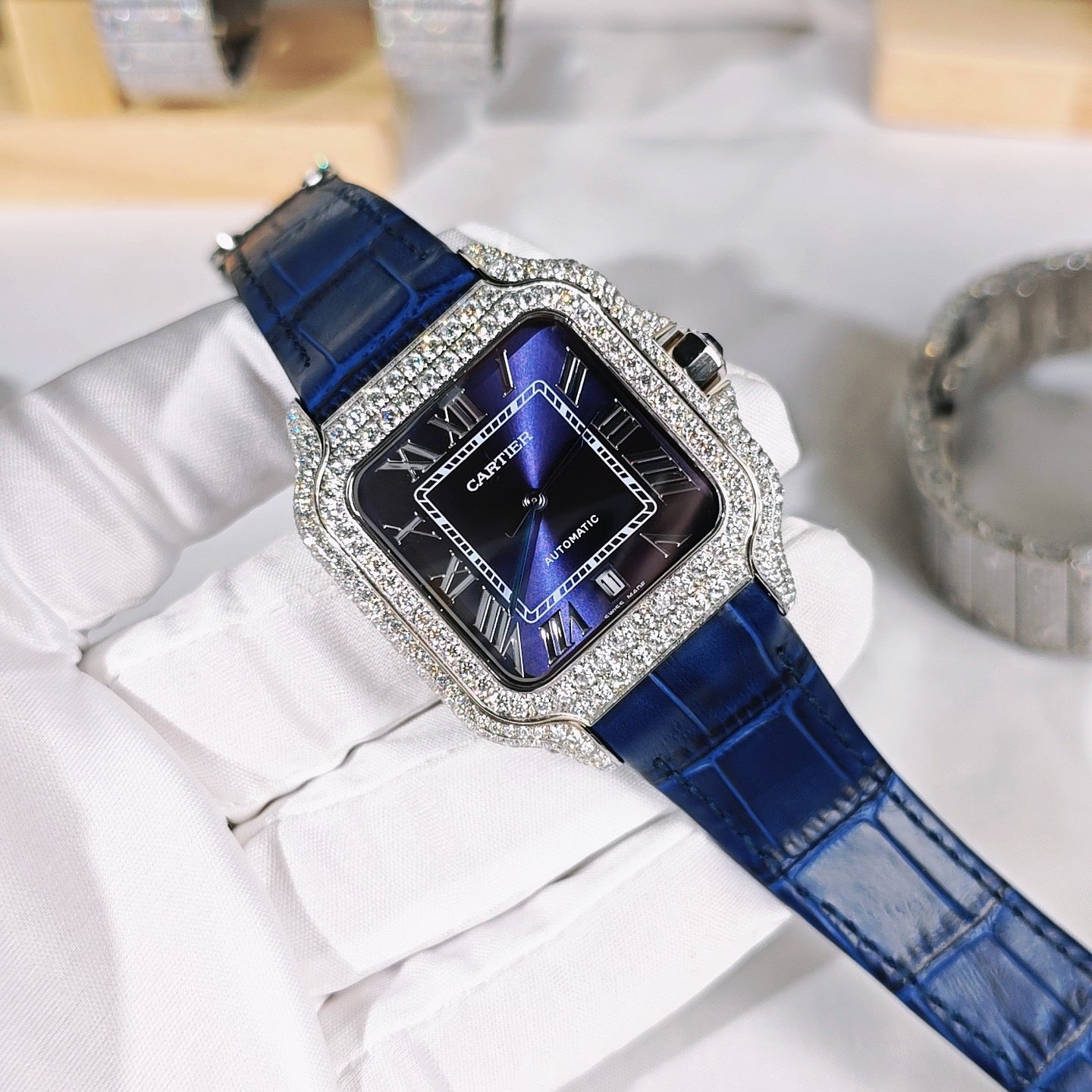 Santos Blue Dial Diamond Automatic Watch