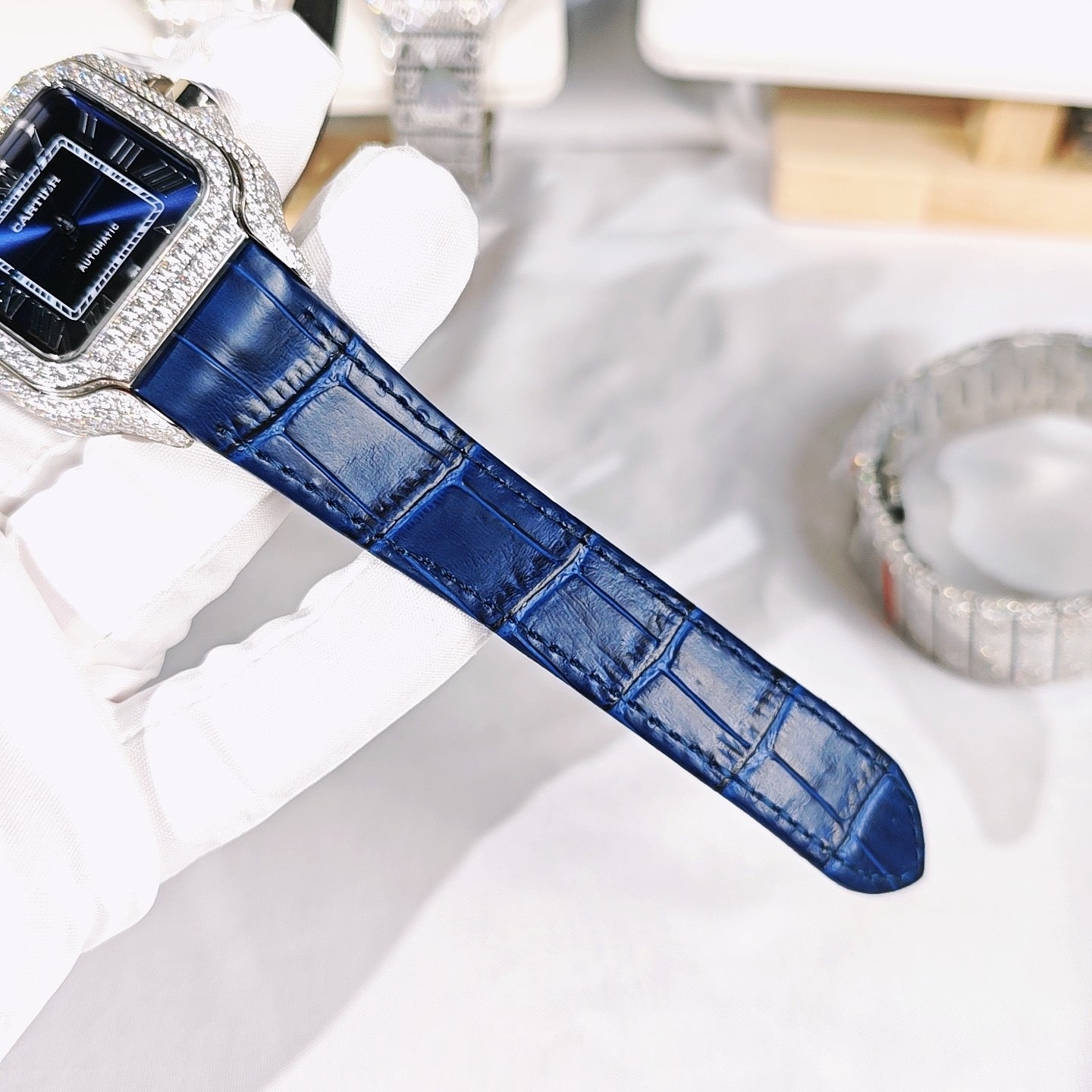 Santos Blue Dial Diamond Automatic Watch