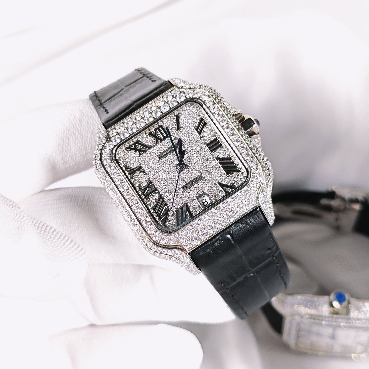Santos Diamond Pavé Dial Leather Strap Watch