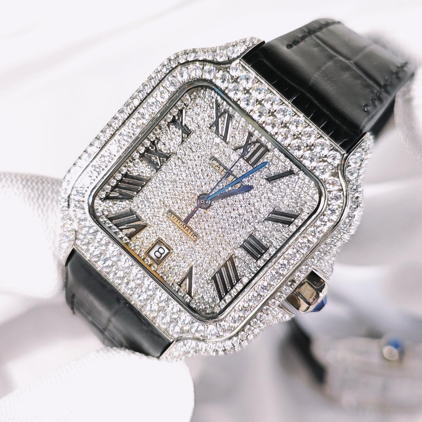 Santos Diamond Pavé Dial Leather Strap Watch