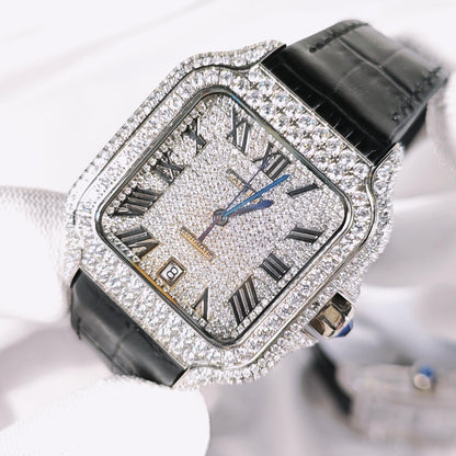 Santos Diamond Pavé Dial Leather Strap Watch