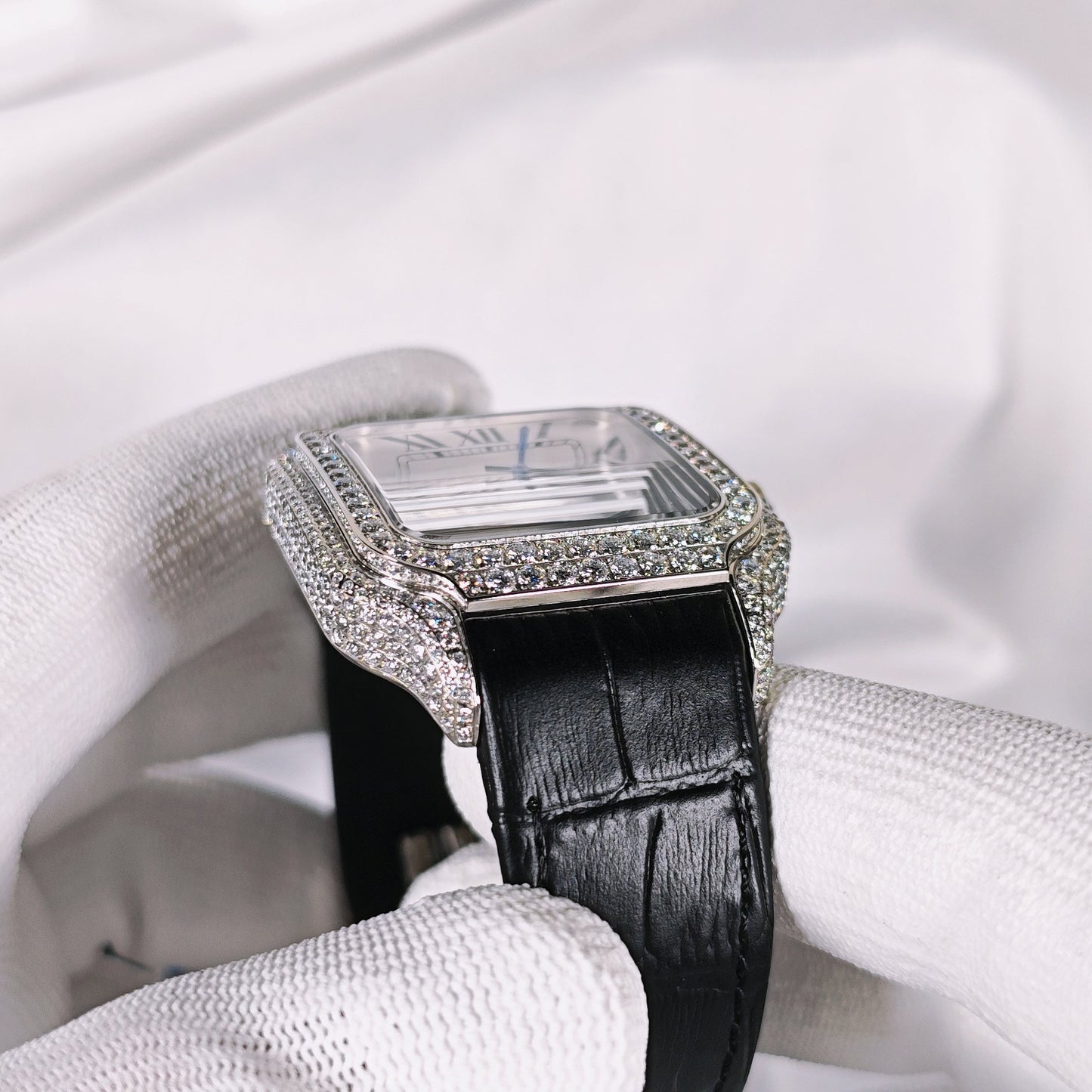 Santos Diamond Pavé Dial Leather Strap Watch