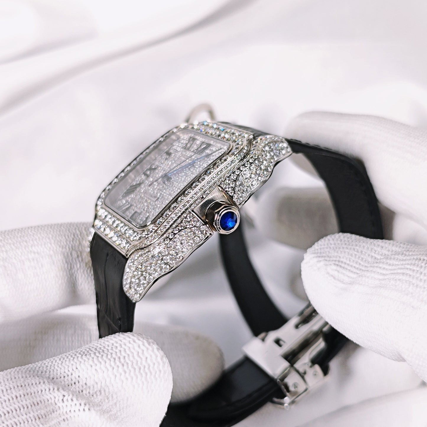 Santos Diamond Pavé Dial Leather Strap Watch