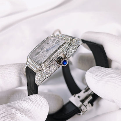 Santos Diamond Pavé Dial Leather Strap Watch