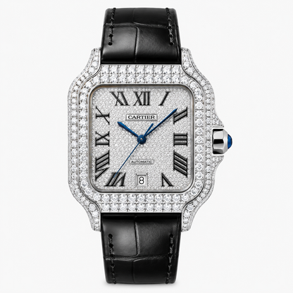 Santos Diamond Pavé Dial Leather Strap Watch